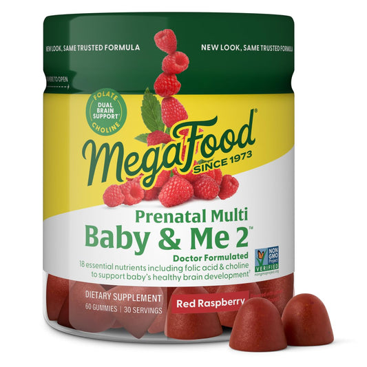 MegaFood Baby & Me 2 frasco frente: gominolas sabor frambuesa real para apoyo cerebral
