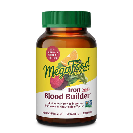 MegaFood Blood Builder – botella visible, apoyo suave para niveles de hierro.