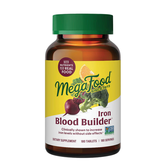 MegaFood Blood Builder: tabletas en frasco para apoyo suave de hierro.