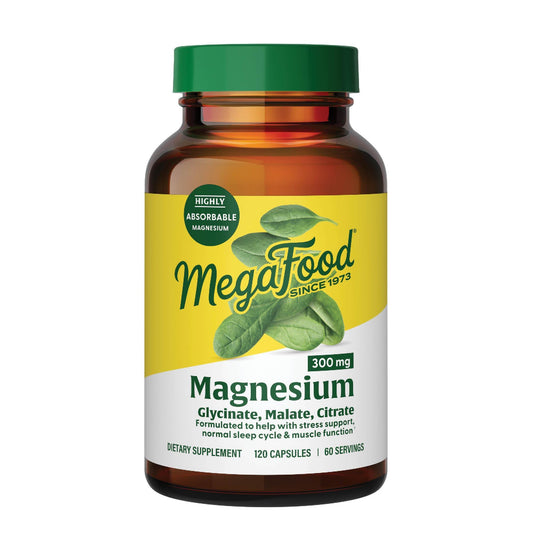 MegaFood envase frontal mostrando 120 cápsulas y marca, transmite confianza
