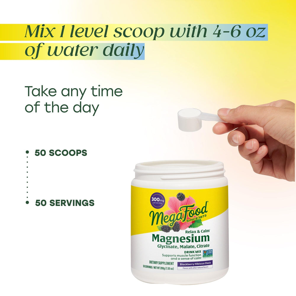 MegaFood etiqueta nutricional legible destacando 300 mg por porción y formas de magnesio