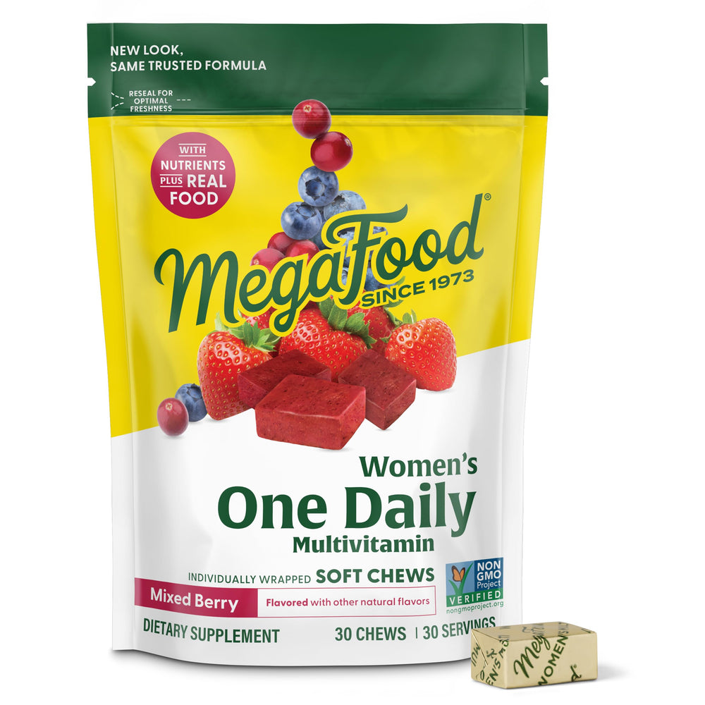 MegaFood frasco frontal sabor mixed berry muestra apariencia y conveniencia