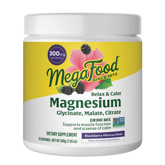 MegaFood envase frontal mostrando el diseño y sabor blackberry hibiscus y beneficios
