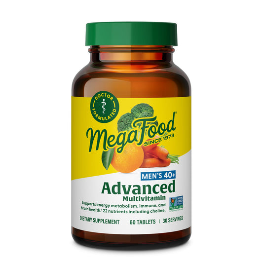MegaFood envase frontal mostrando 60 tabletas y beneficios clave