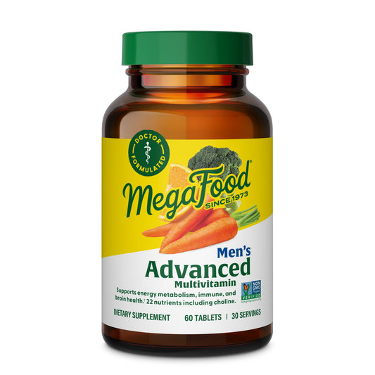 MegaFood frasco frontal mostrando etiqueta clara y beneficios visibles