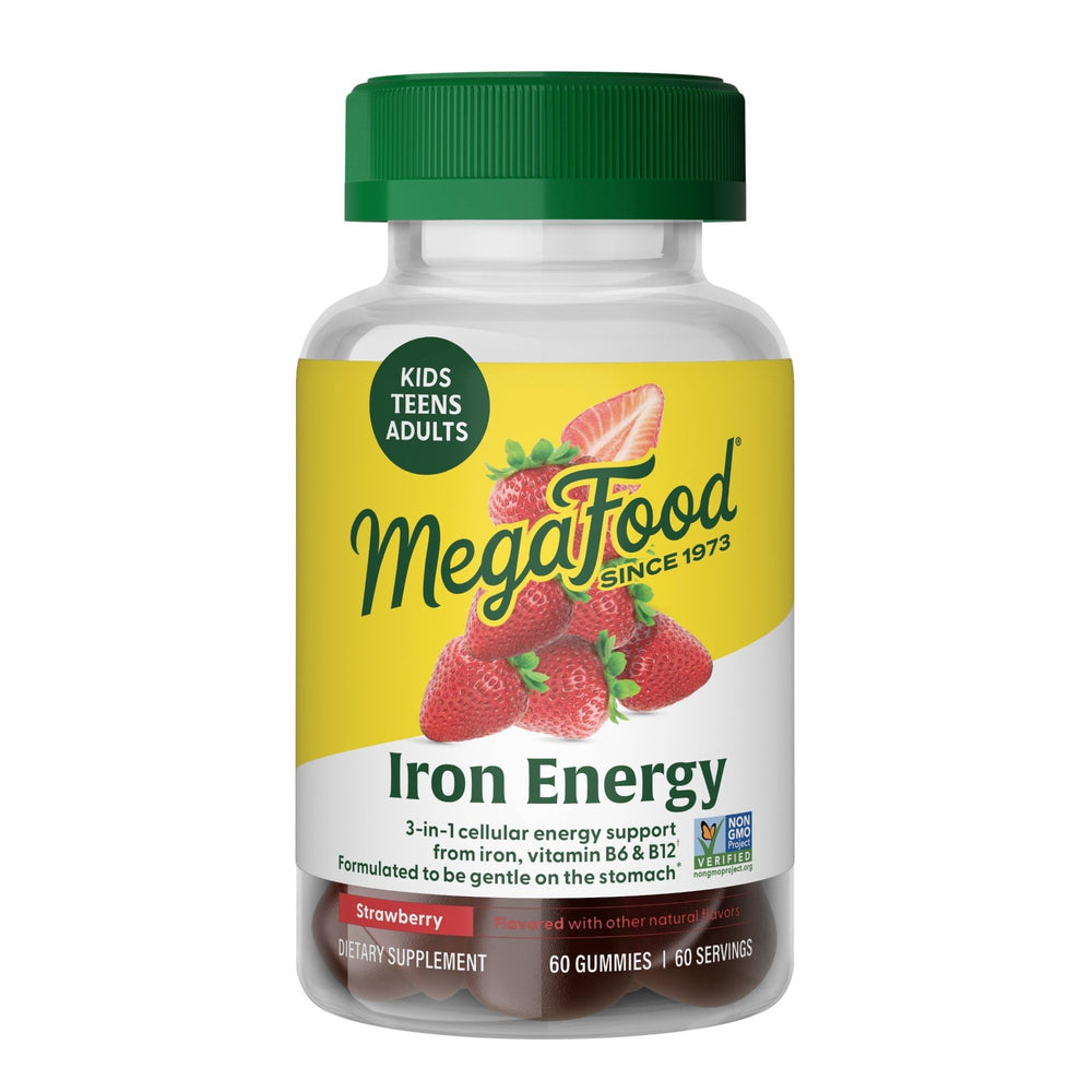 MegaFood envase frontal mostrando gomitas de hierro, cómoda decisión diaria