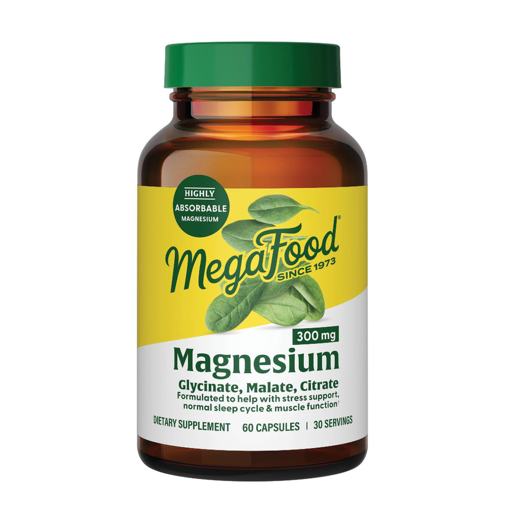 MegaFood magnesium triple-formula bottle for daily support of heart and nerves.