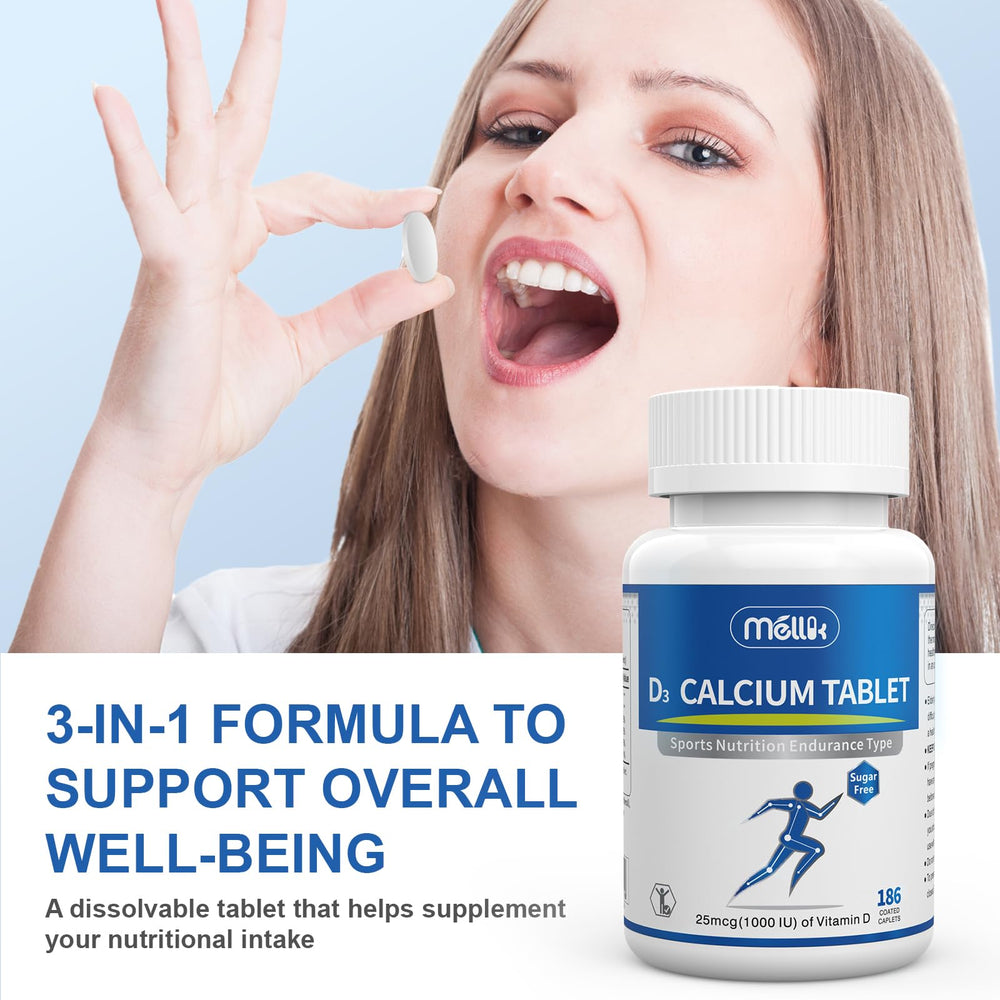 Mellk suplemento junto a frutas y botella de agua para hábito saludable