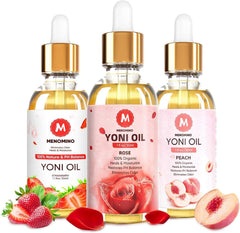MENOMINO, frente del empaque del aceite yoni mostrando diseño y beneficios