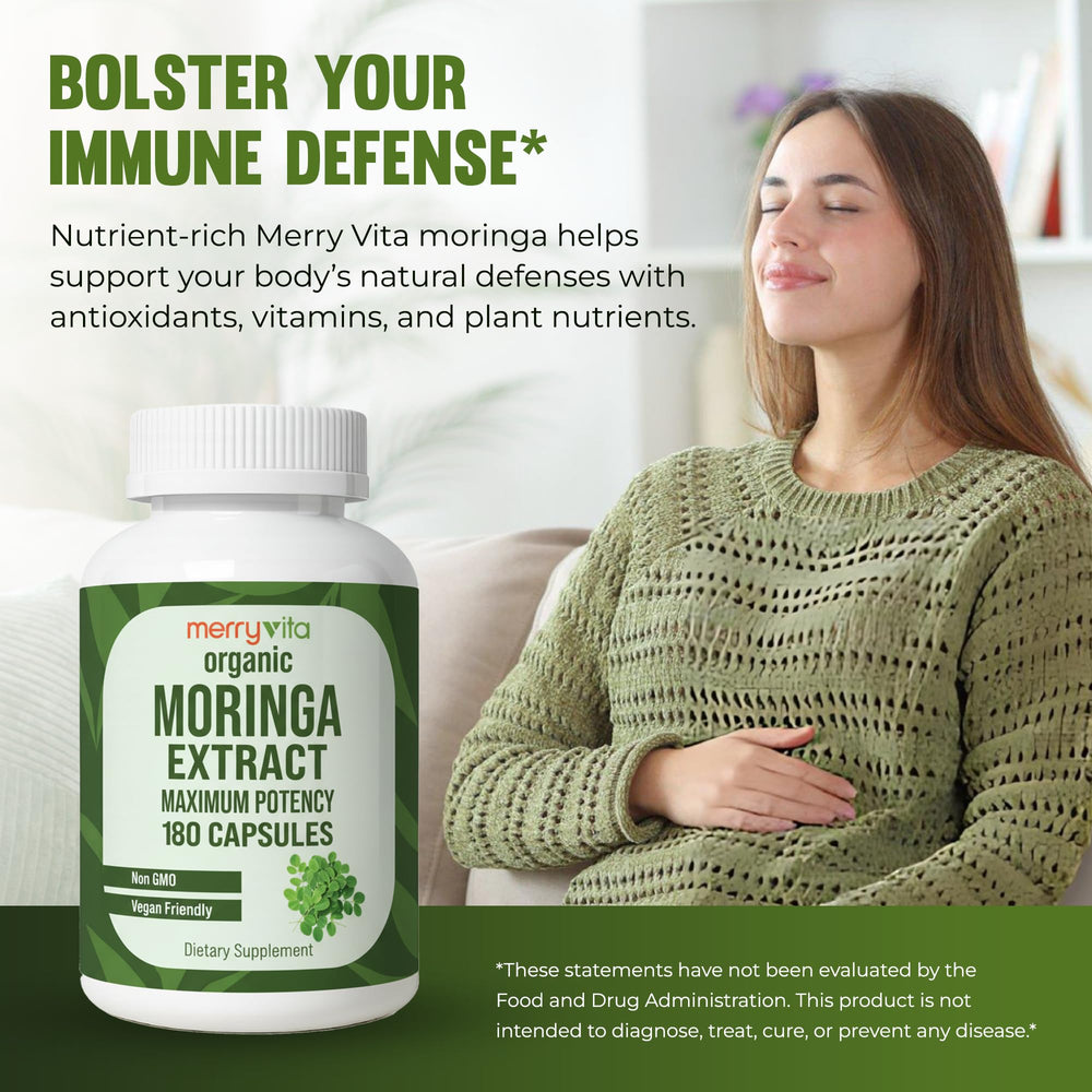 MERRY VITA hojas de moringa frescas mostrando origen vegetal y pureza