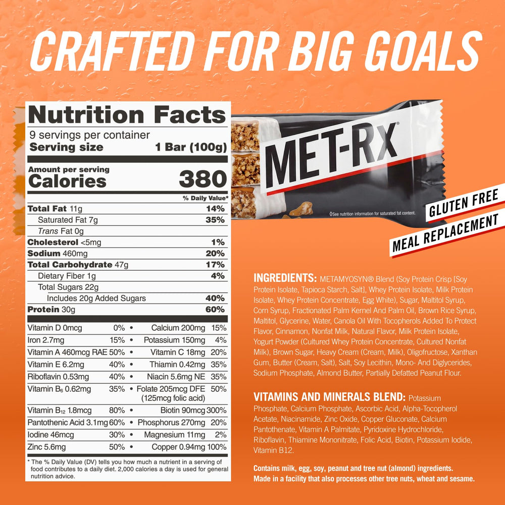 MET-Rx etiqueta nutricional con información de 30 g de proteína y vitaminas para decisión informada