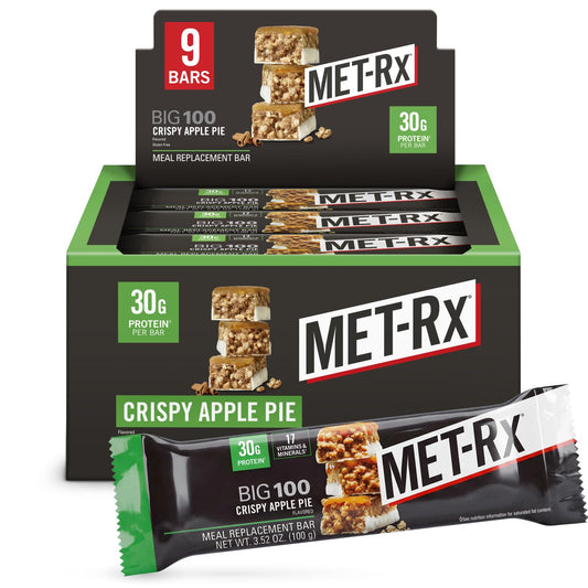 MET-Rx caja frontal mostrando 9 barras y etiqueta con 32 g proteína