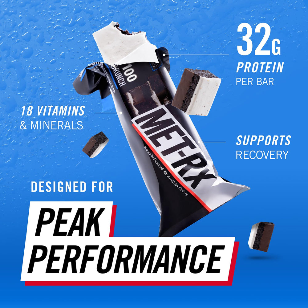 MET-Rx primer plano textura crujiente y trozos tipo galleta nutritivos