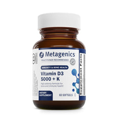 Metagenics Vitamina D3-K2 en botella, posible apoyo a huesos e inmunidad.