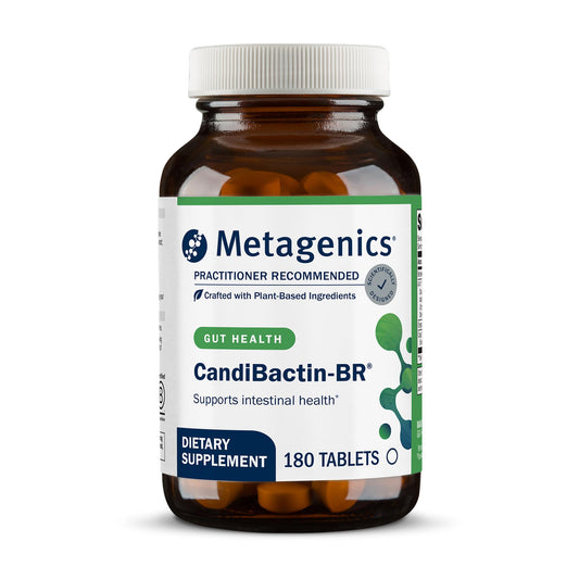Metagenics envase frontal mostrando CandiBactin‑BR y beneficios para salud intestinal