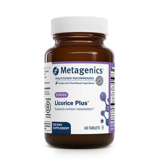 Metagenics Licorice Plus frente del empaque mostrando información clara y calidad