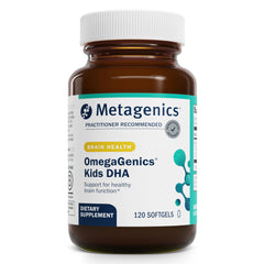 Metagenics MetaKids DHA bottle pour showing chewable softgels that support healthy brain function