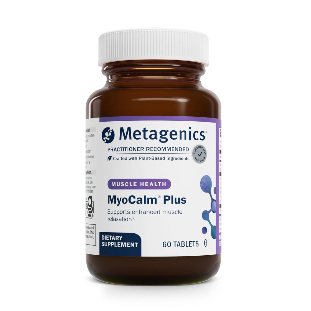 Metagenics MyoCalm Plus frontal mostrando el envase y beneficios relajantes