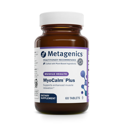 Metagenics MyoCalm Plus frontal mostrando el envase y beneficios relajantes