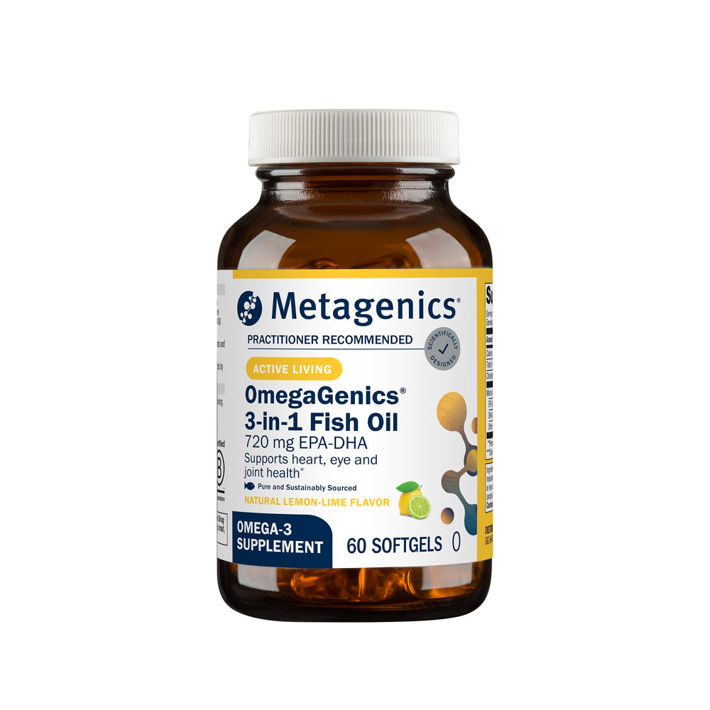 Metagenics envase frontal mostrando la marca y el beneficio de omega‑3