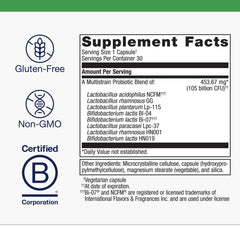 Metagenics UltraFlora BiomePro label close-up highlighting 105B CFU multi-strain mix