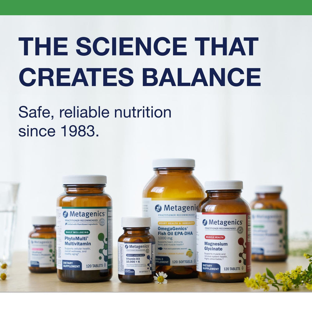 Metagenics UltraFlora BiomePro box and bottle on a clean countertop