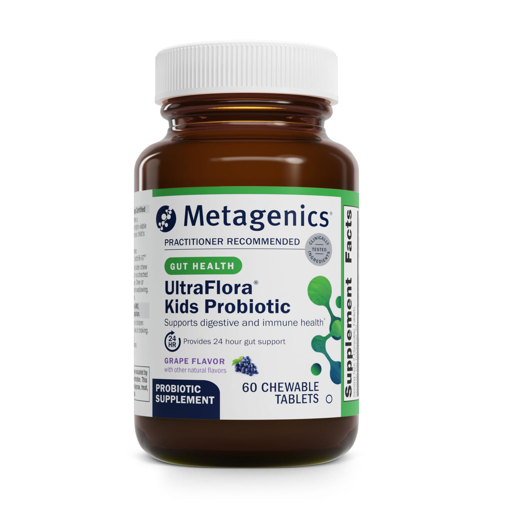 Metagenics envase frontal UltraFlora Kids mostrando la presentación y beneficio práctico