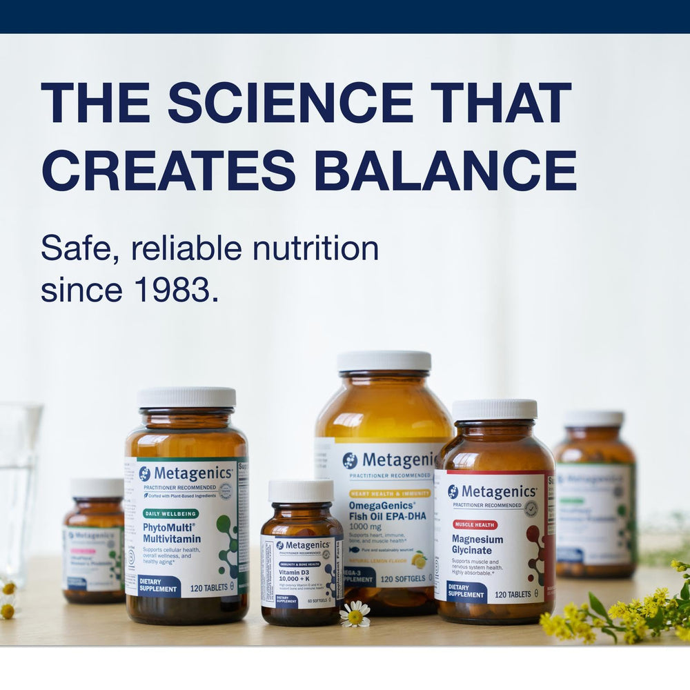 Cápsulas Metagenics listas para tomar diariamente.