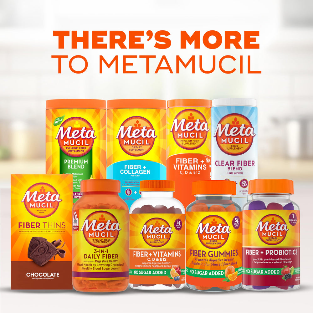 Comparación de tamaño del envase Metamucil frente a taza para referencia de cantidad