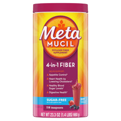 Metamucil frente del empaque mostrando 114 servicios y sabor berries, conveniencia diaria