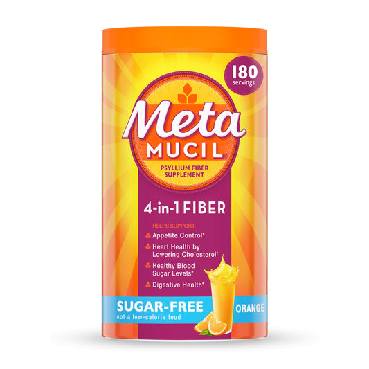 Metamucil envase frontal naranja mostrando marca y cantidad, claridad del producto