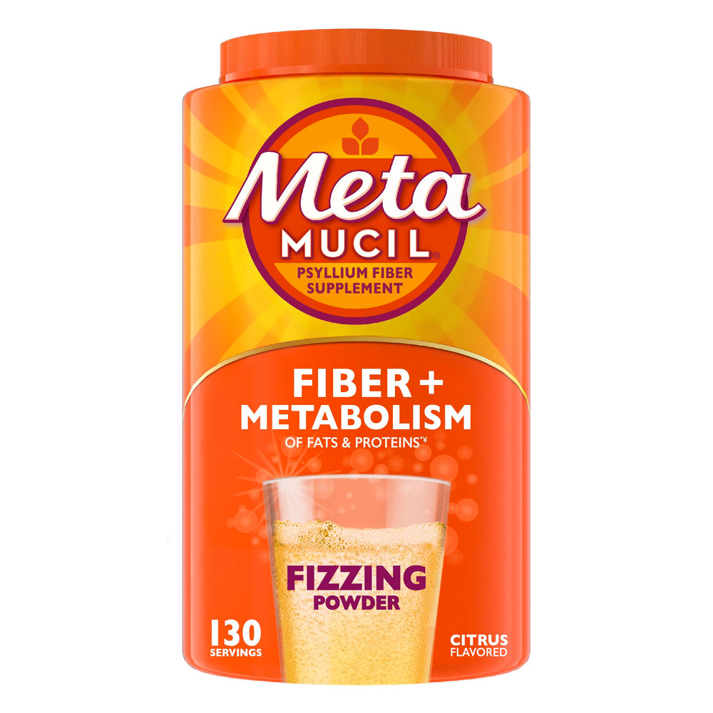 Metamucil vista frontal del envase mostrando la marca y porciones