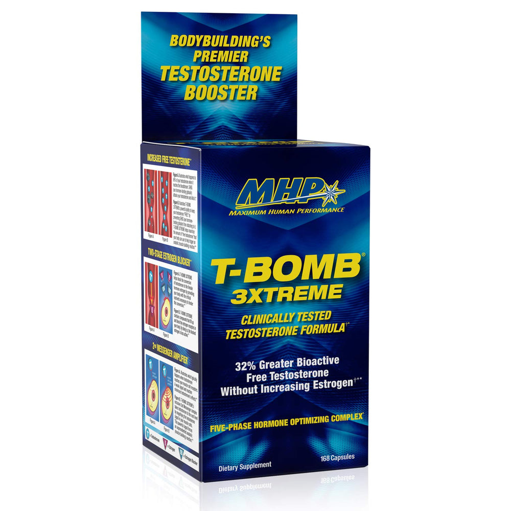 MHP T-Bomb 3xtreme vista frontal mostrando el envase y beneficio de soporte hormonal