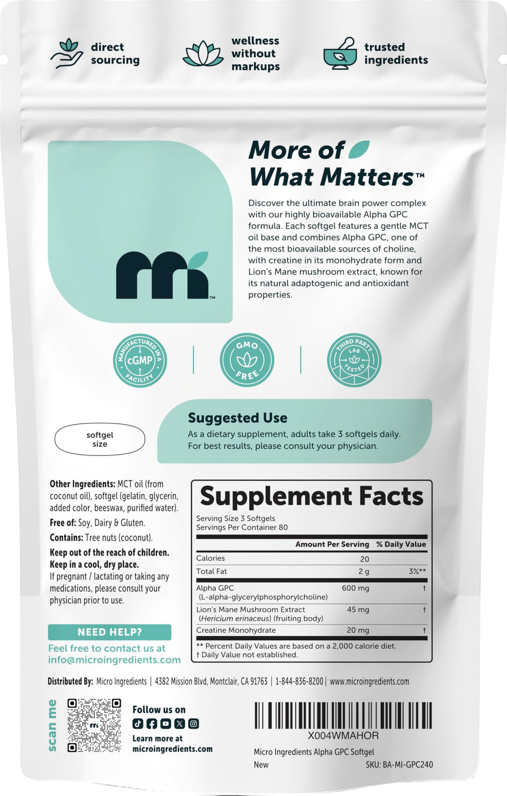 Micro Ingredients Alpha GPC primer plano de softgel mostrando textura y base en aceite MCT