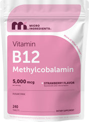 Micro Ingredients envase frontal de B12 5000 mcg mostrando 240 tabletas y beneficio de conveniencia