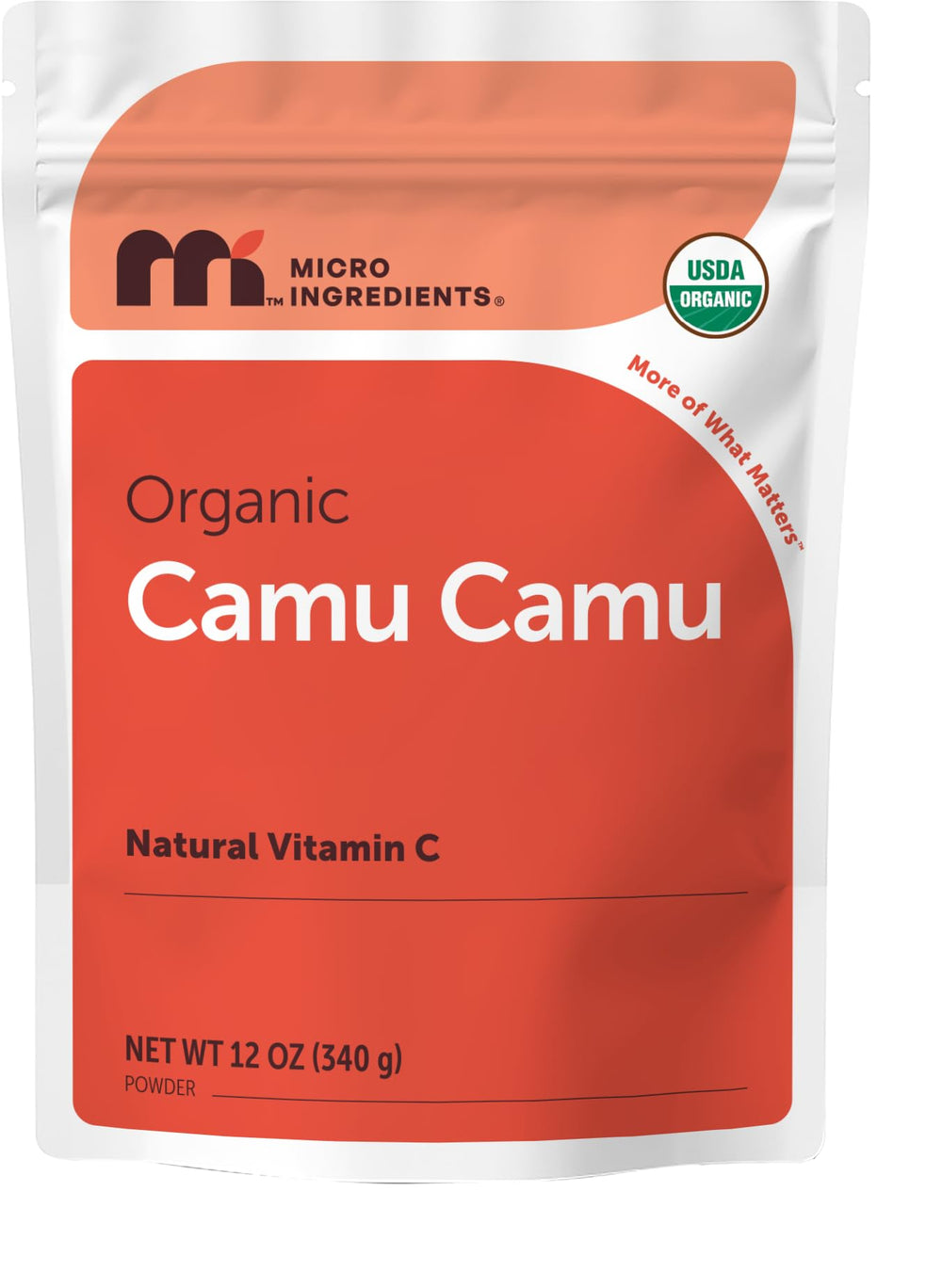 Micro Ingredients envase frontal del camu camu mostrando tamaño y marca, fácil identificación