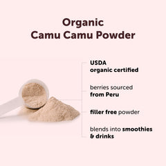 Micro Ingredients primer plano del polvo de camu camu que destaca su textura fina y pureza