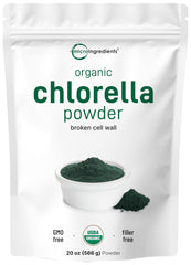 Micro Ingredients envase frontal de chlorella orgánica mostrando tamaño y marca