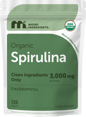 Micro Ingredients frasco frontal de spirulina mostrando etiqueta orgánica y seguridad