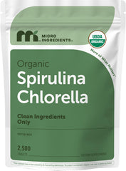 Micro Ingredients envase frontal de spirulina chlorella mostrando suministro prolongado