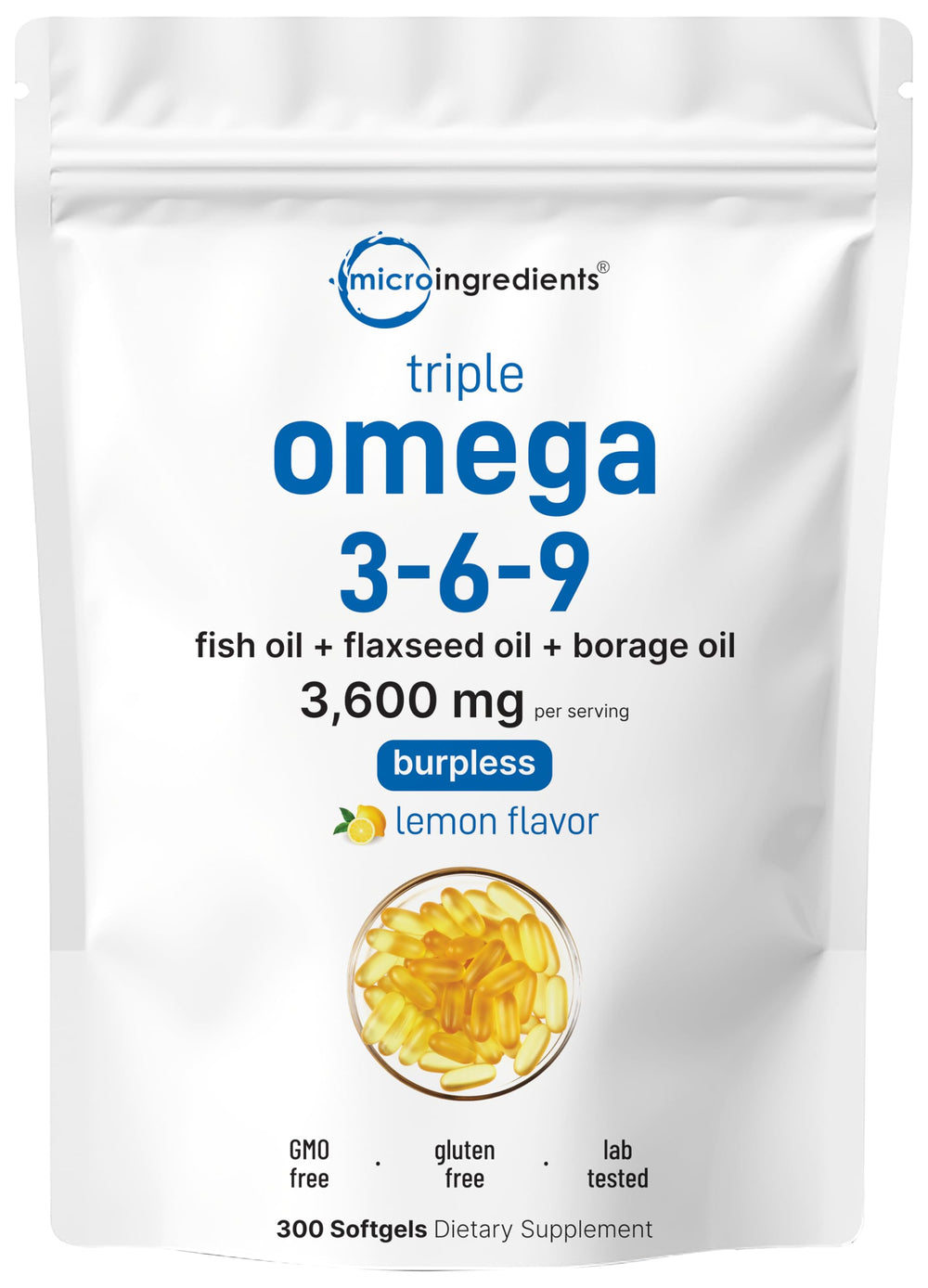 Micro Ingredients paquete frontal mostrando 300 cápsulas y sabor limón