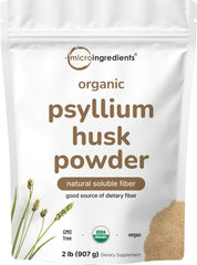 Micro Ingredients frente del envase de psyllium de 2 lb, presentación clara y práctica