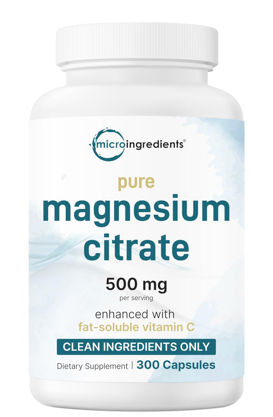 Micro Ingredients pure magnesium citrate bottle with 500 mg per capsule for daily support.