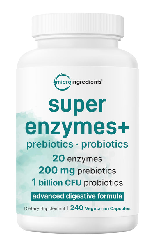 Micro Ingredients frasco frontal mostrando 240 cápsulas y beneficios digestivos