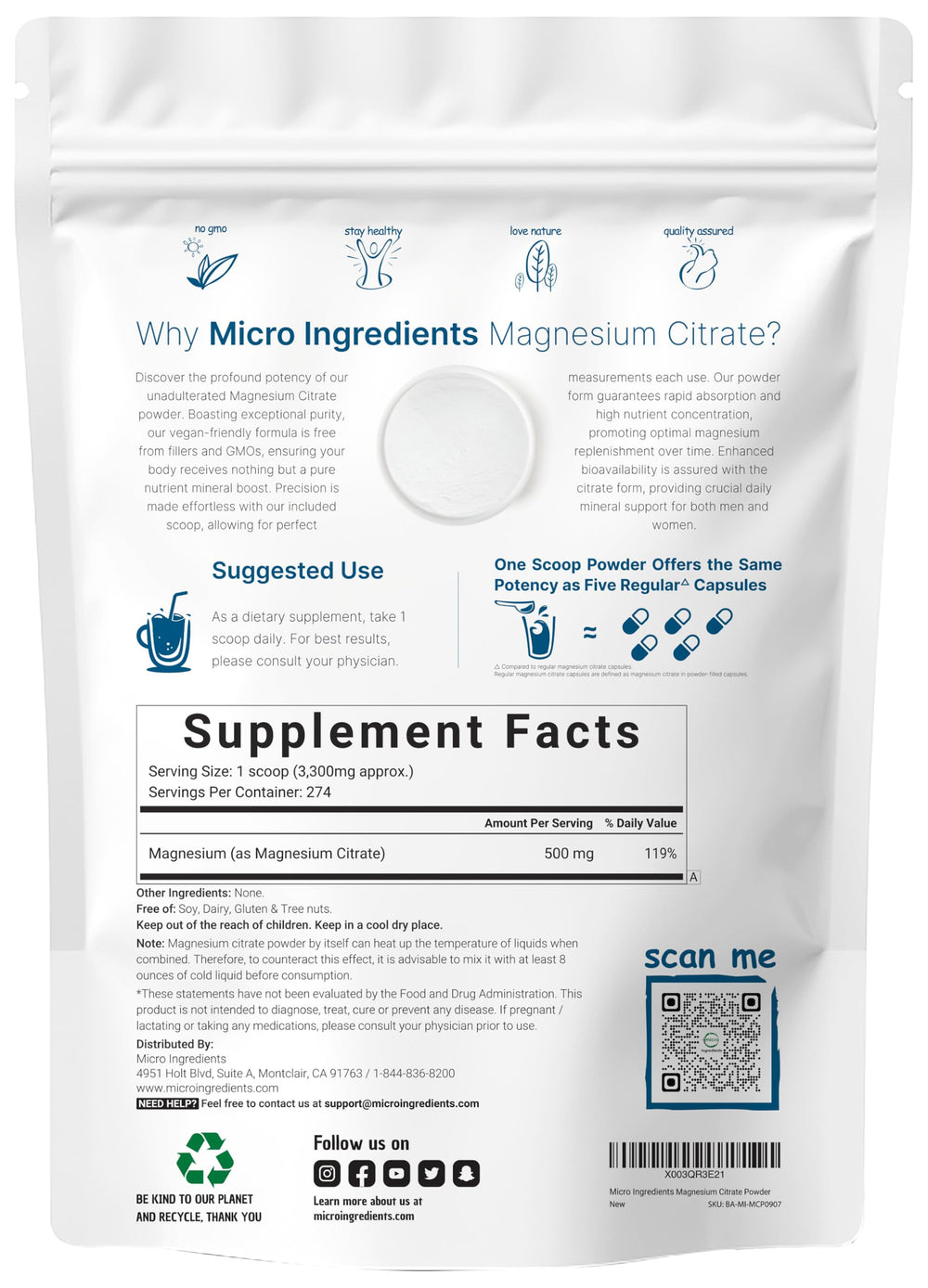 Textura del polvo Micro Ingredients citrato de magnesio destacando solubilidad y fineza