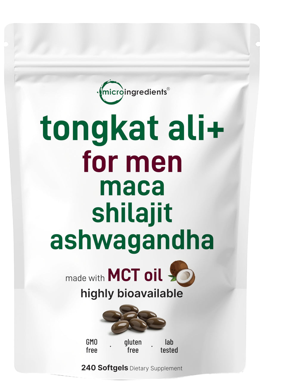 Micro Ingredients envase frontal del producto muestra 240 softgels y beneficios