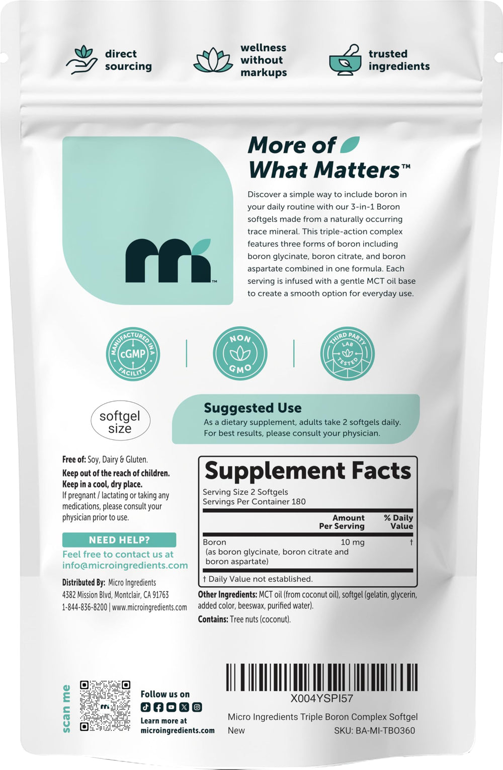 Micro Ingredients etiqueta con lista de ingredientes y certificaciones claras