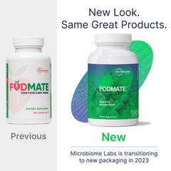 Microbiome Labs cápsulas FODMATE textura y color para identificación rápida