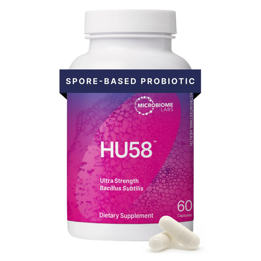 Microbiome Labs HU58 envase frontal, presenta información clara y beneficio digestivo