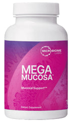 Microbiome Labs MegaMucosa frontal del envase mostrando beneficios y cápsulas visibles
